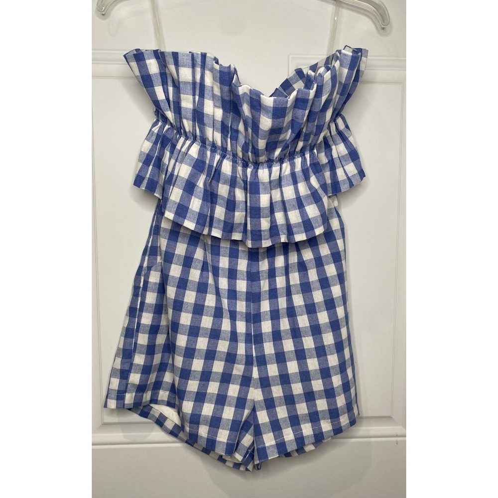 Entro Shorts Romper Women's Medium Blue White Gingham Strapless Ruffle Feminine